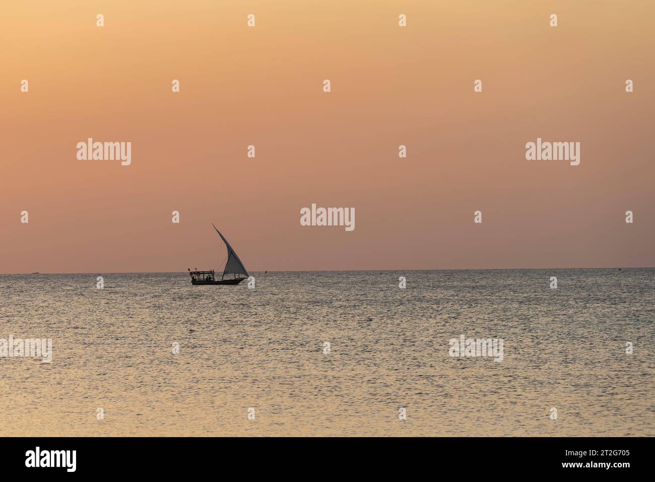 Dhow Boot segelt im Meer bei Sonnenuntergang, Sommerkonzept, Sansibar in Tansania. Stockfoto