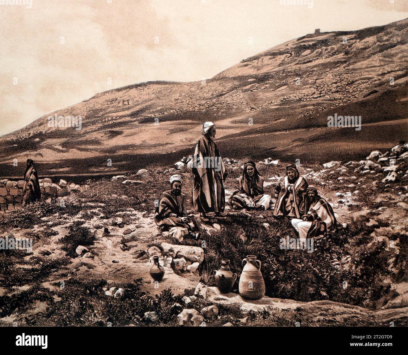 Shechem Jacobs Brunnen Monte Gerizim im Hintergrund Illustration aus dem Foto von Frank Mason Good aus der Heiligen Bibel des 19. Jahrhunderts Stockfoto