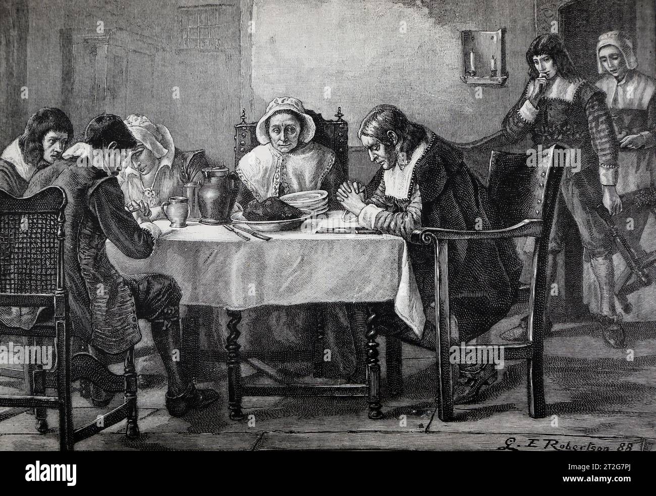 Illustration der elisabethanischen Familie, die Grace vor Fleisch sagt elisabethanische Angehörige sagten Grace vor und nach einem Essen von der Sonntagsfamilie Stockfoto