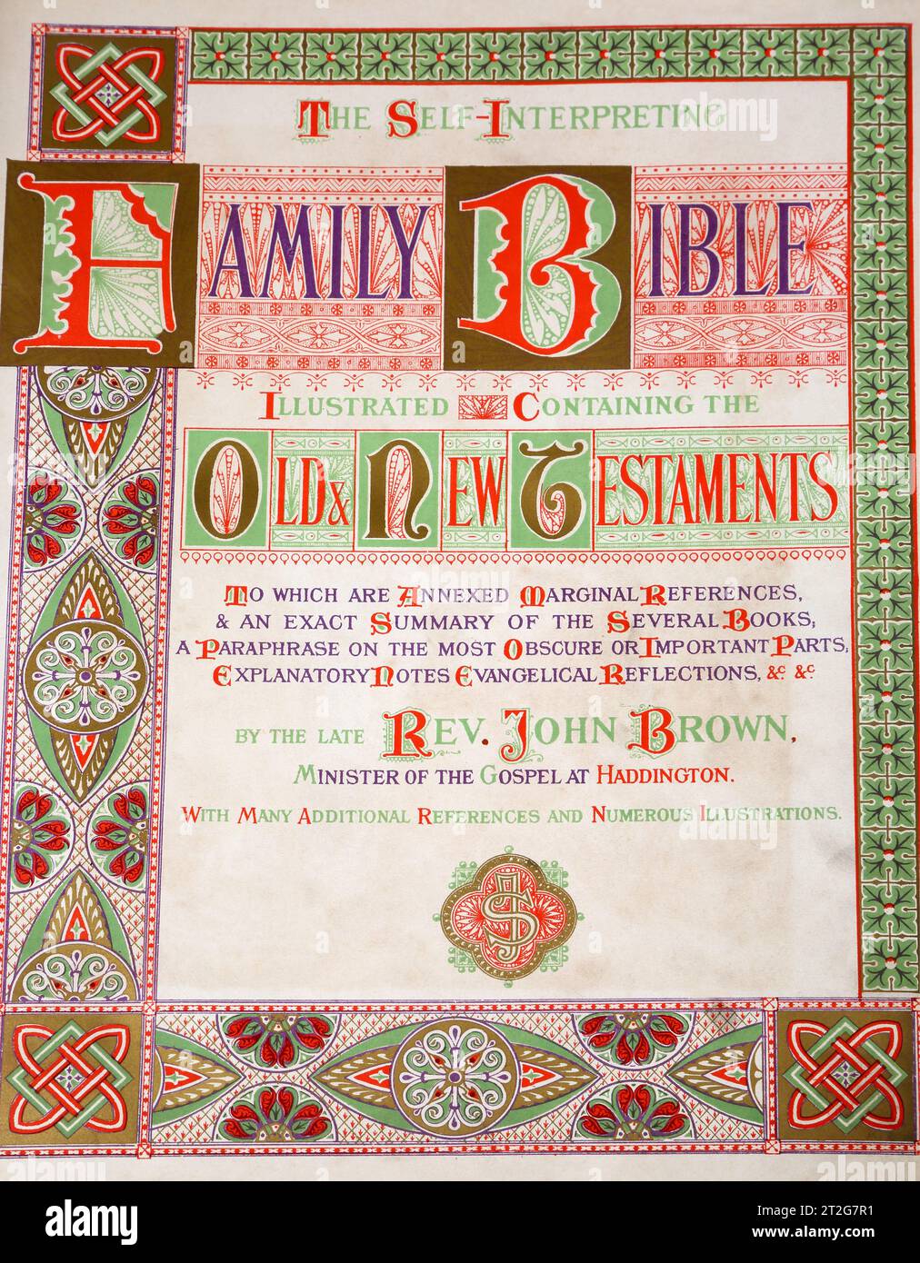 Titelseite aus der Heiligen Bibel des 19. Jahrhunderts - die selbstinterpretierende Familienbibel mit dem Alten und Neuen Testament von Reverand John Brown Stockfoto