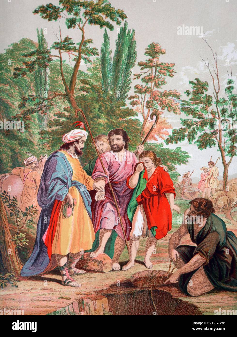 Joseph wurde von seinen Brüdern an die Ismeeliten verkauft, aus der Bibel des 19. Jahrhunderts – die selbstinterpretierende Familienbibel mit dem Alten und Neuen Testament Stockfoto