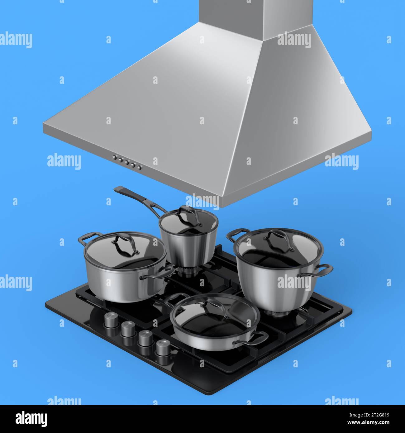 Set aus Küchenutensilien, Topf, Bratpfanne und Chrom-Kochgeschirr, die auf einem Regal hängen, und Elektro- oder Gasherd mit Abzugshaube auf blauem Hintergrund. Stockfoto