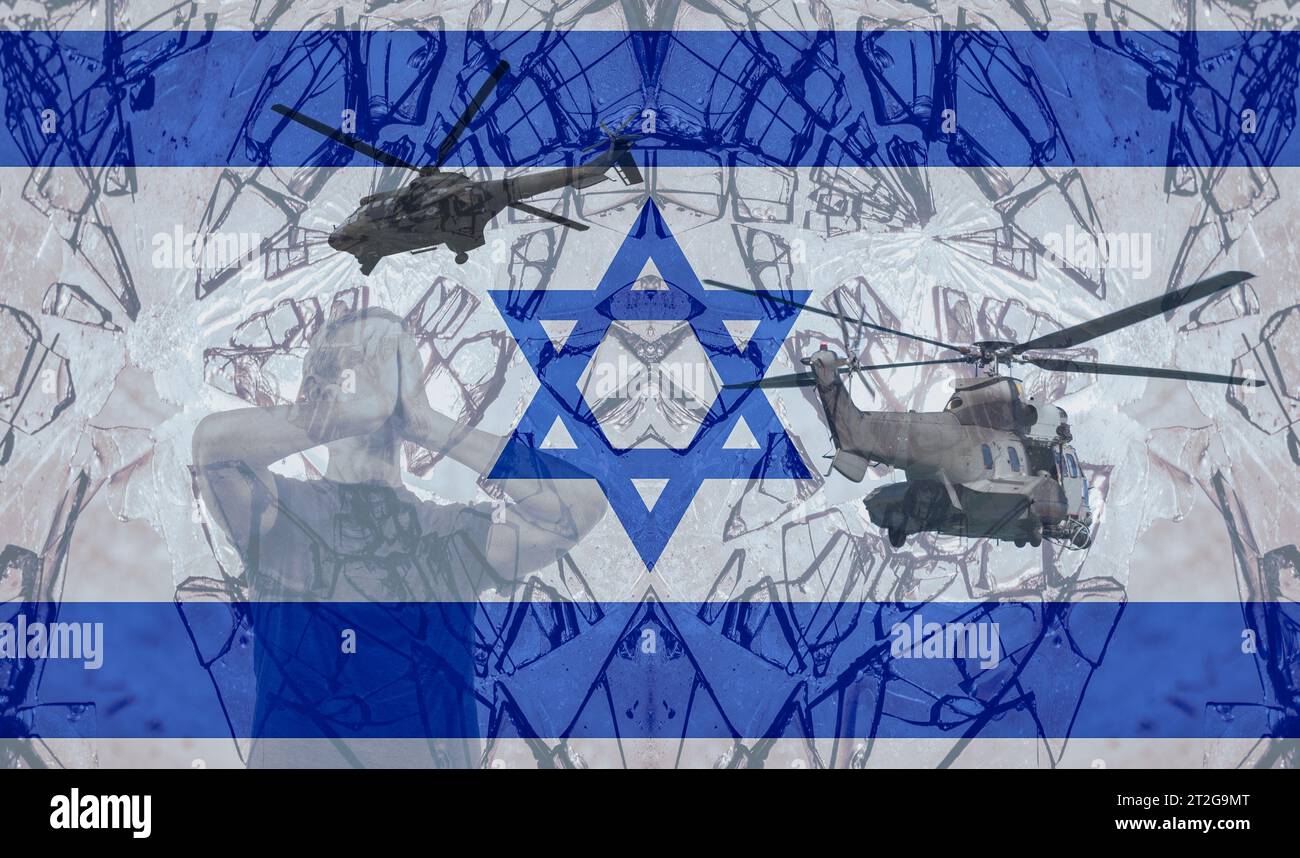 Mann mit Händen im Gesicht. Hubschrauber mit Flagge Israels überlagert. Zusammengesetztes Konzeptbild, Isreal, Gaza, Konflikt, Hamas, Angriff... Stockfoto