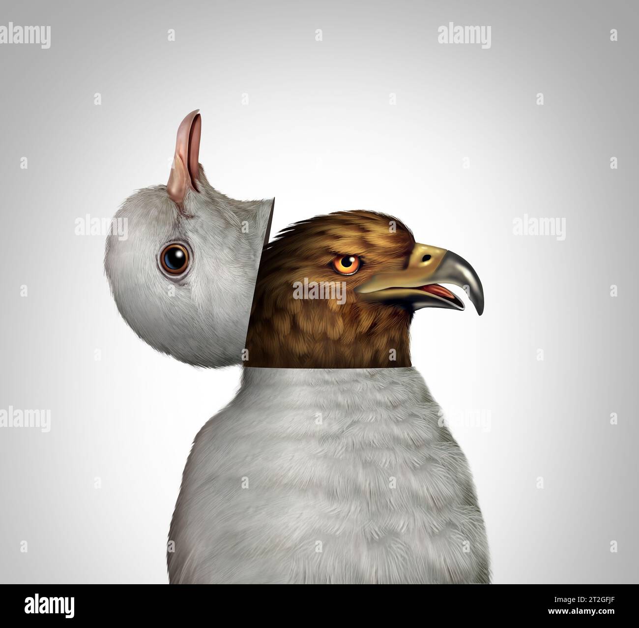 Falsches Friedenskonzept als trügerische Diplomatie und falscher Waffenstillstand oder getarnte Aggression als versteckte Agenda mit einer Taube, die sich als Kriegsfalke A offenbart Stockfoto