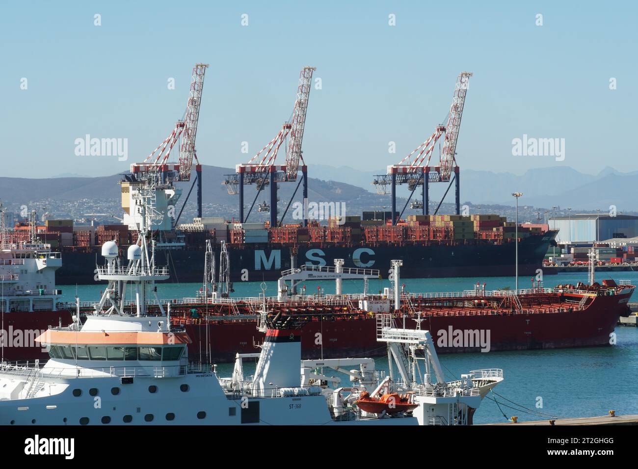 Containerschiff der Firma MSC, Orangentanker und weißes Wissenschaftsschiff im Hafen von Kapstadt. Stockfoto