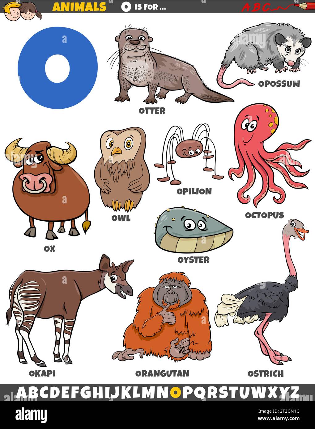 Zeichentrickillustration von Tierfiguren, die für den Buchstaben O gesetzt sind Stock Vektor