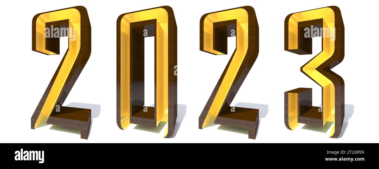 Konzept oder Konzept 2023 Jahre aus goldener Holzschriftart isoliert auf weißem Hintergrund. Eine abstrakte 3D-Illustration als Metapher für die Zukunft, Vision Stockfoto