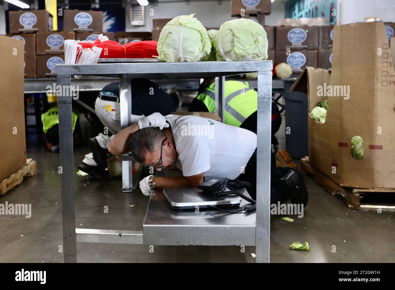 Los Angeles, USA. Oktober 2023. Die Leute machen am 19. Oktober 2023 eine Fallbohrung, Deckung und Hold-on-Erdbeben bei der L.A. Regional Food Bank in Los Angeles, Kalifornien, USA. Am Donnerstag fand in den Vereinigten Staaten eine jährliche Erdbebenübung statt, um den Menschen zu helfen, sich bei Erdbeben besser zu schützen. Quelle: Xinhua/Alamy Live News Stockfoto