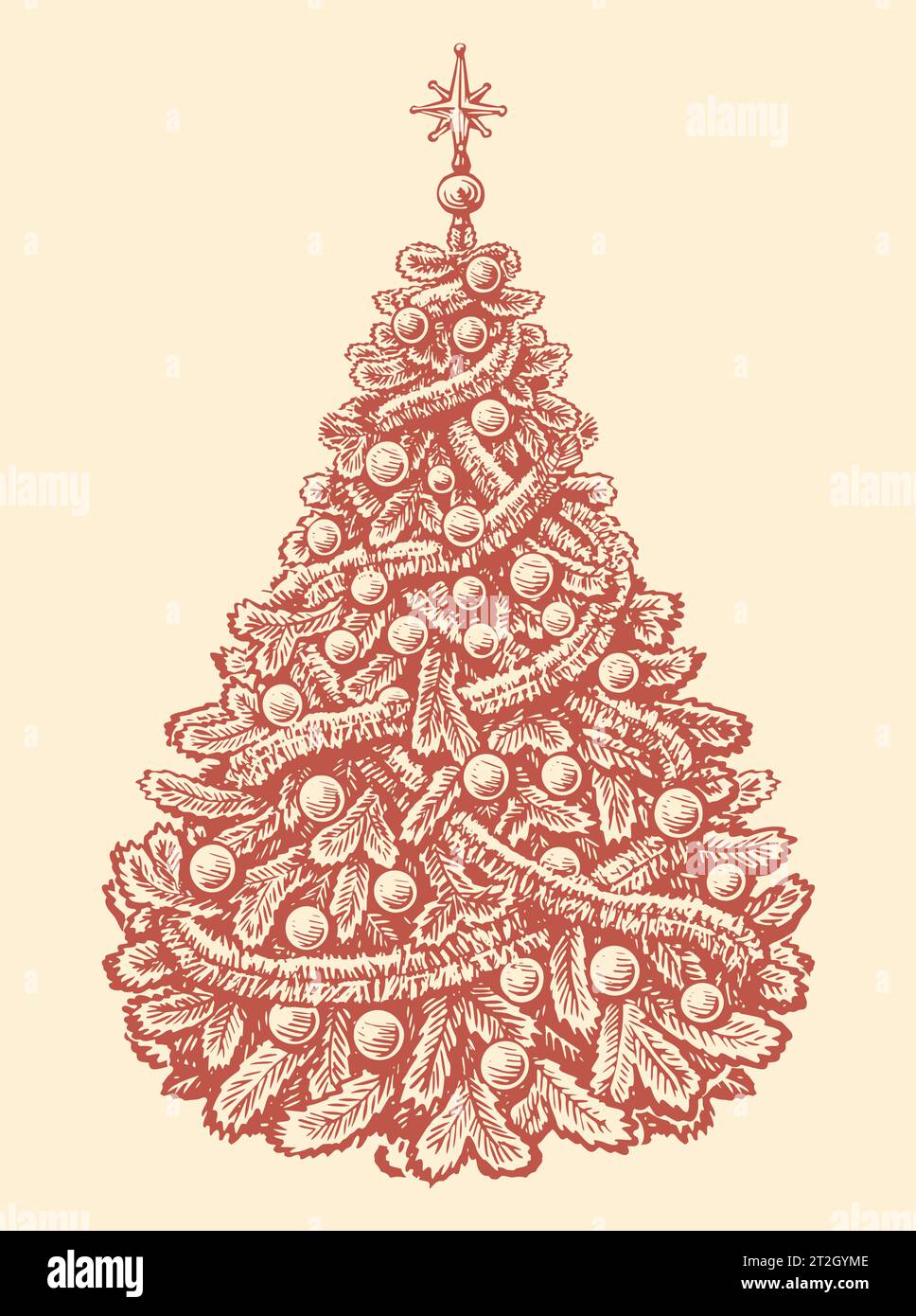 Handgezeichneter Tannenbaum, verziert mit Lametta und Kugeln im Vintage-Stil. Frohe Weihnachten und frohes neues Jahr Stock Vektor