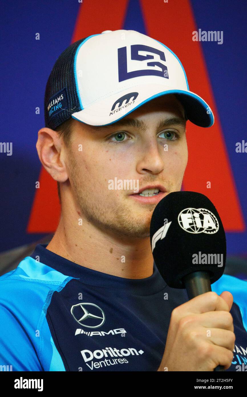 Austin, Usa. Oktober 2023. Der amerikanische Formel-1-Pilot Logan Sargeant von Williams Racing spricht auf einer Pressekonferenz vor dem Formel-1-Grand-Prix der Vereinigten Staaten am 19. Oktober 2023 auf dem Circuit of the Americas in Austin, Texas. Foto: Greg Nash/UPI Credit: UPI/Alamy Live News Stockfoto