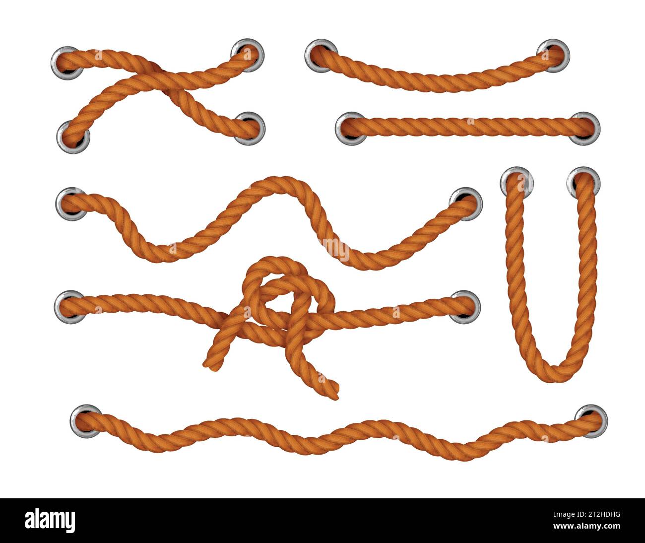 Natürliche Jute- oder Seidenschnüre durch Metalllöcher verfädelt realistische Sammlung isoliert an weißer Hintergrund Vektor-Illustration Stock Vektor