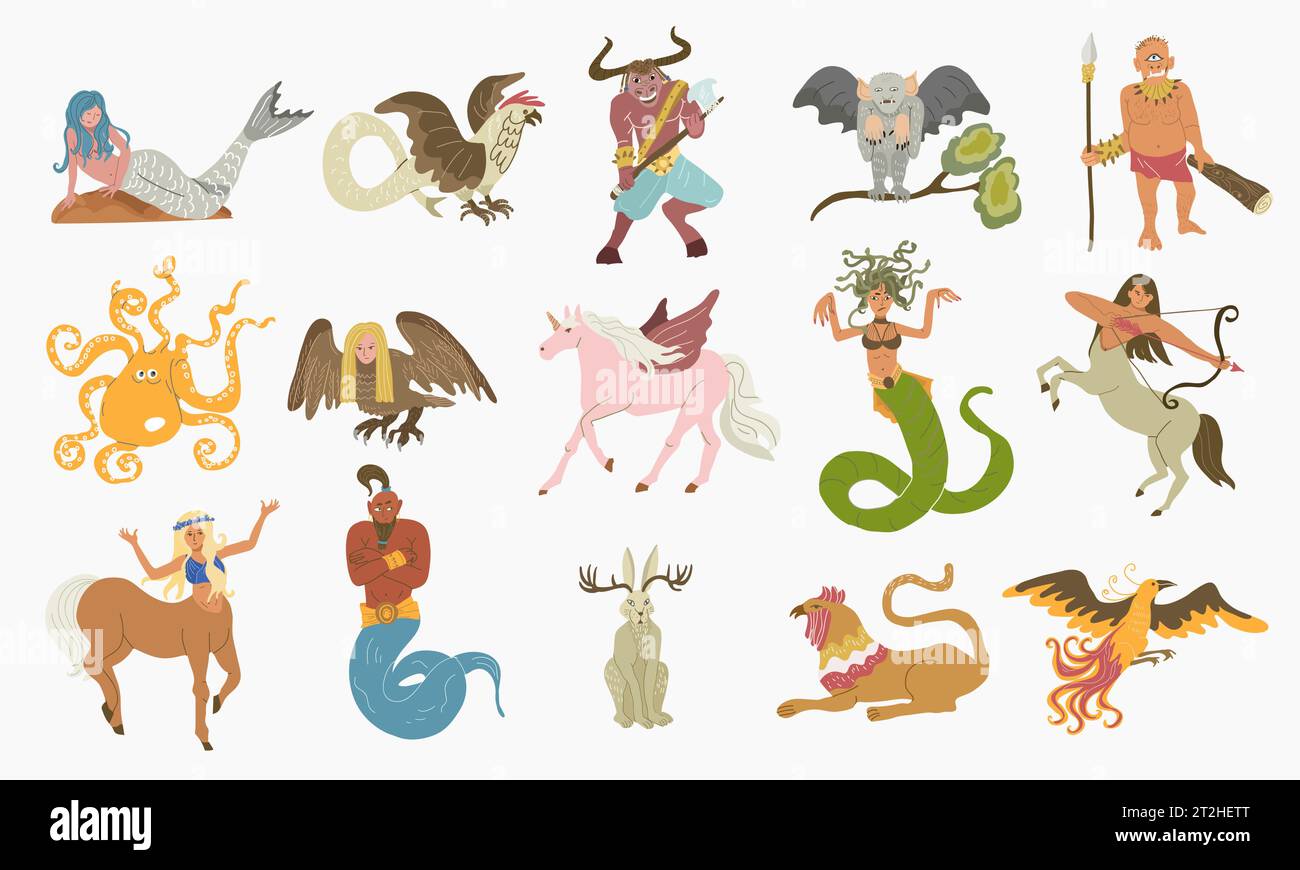 Fabelwesen flach gesetzt mit isolierten Doodle-Stil-Bildern von alten Märchenfantasien auf leerem Hintergrund Vektor-Illustration Stock Vektor