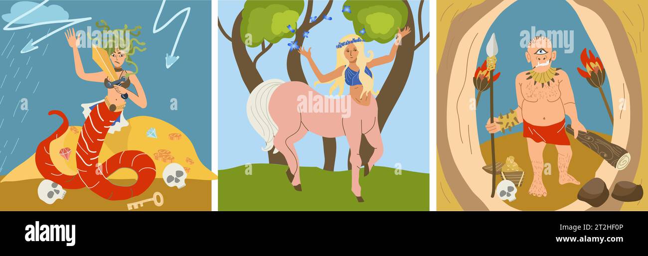 Mythische Kreaturen Set aus drei quadratischen Kompositionen mit Kritzelstil-Charakteren von Gorgon-Zentaur und Zyklops-Vektor-Illustration Stock Vektor