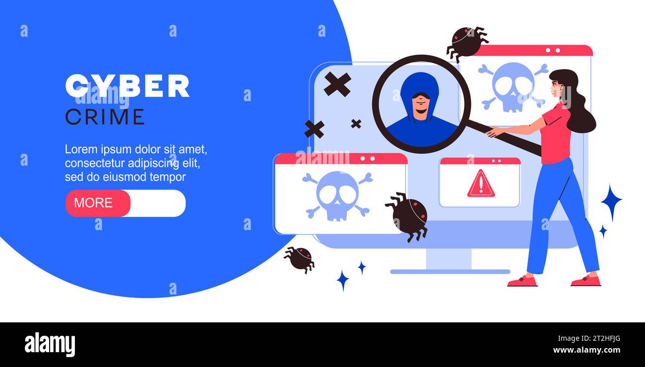 Cyber-Kriminalität flaches Banner mit Hacker-Websites und Computer-Virus-Vektor-Illustration Stock Vektor