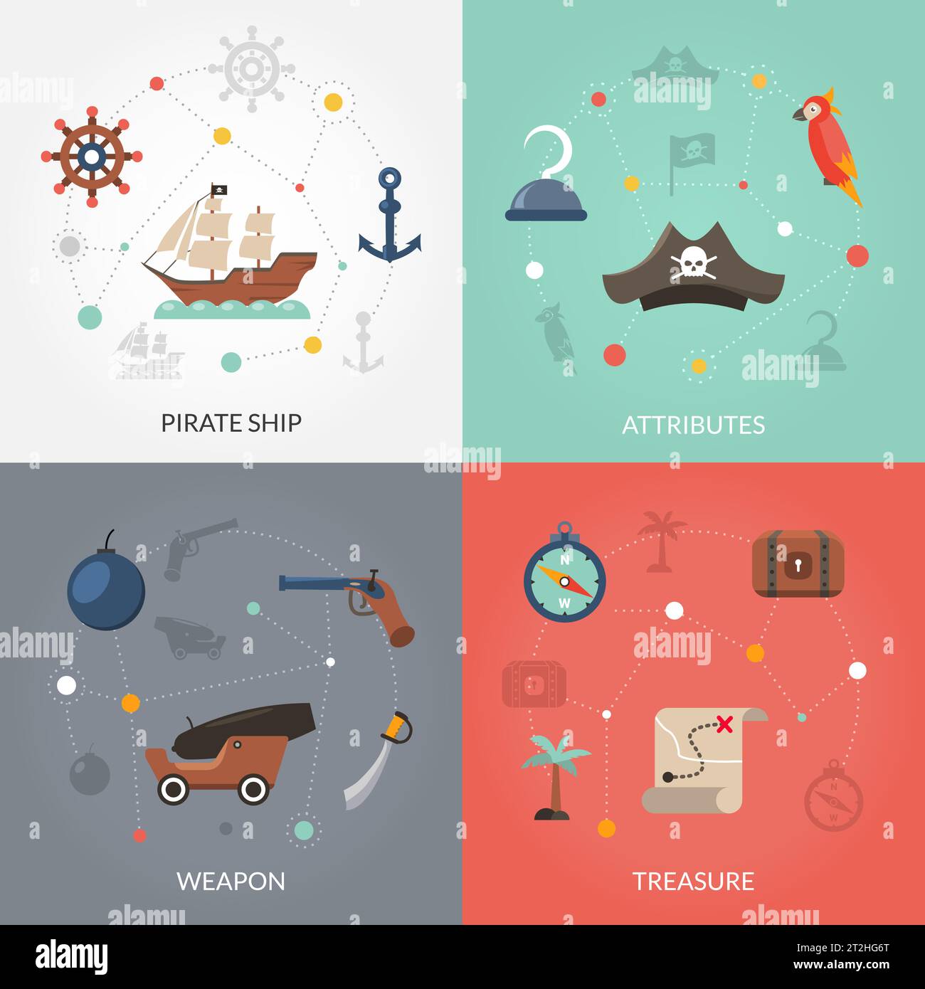 Pirate Design Konzept Set mit Schiff Waffe und Schatz flache Symbole isoliert Vektor-Illustration Stock Vektor