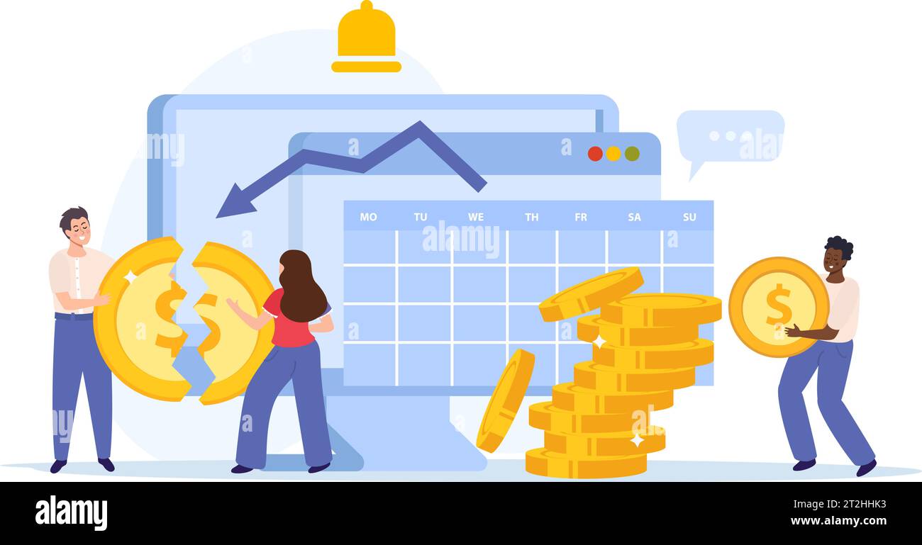 Finanzielle Instabilität flache Symbole Komposition mit Doodle Arbeiter trennen Münze mit abwärts Aktiendiagramm und Erinnerungsvektor Illustration Stock Vektor