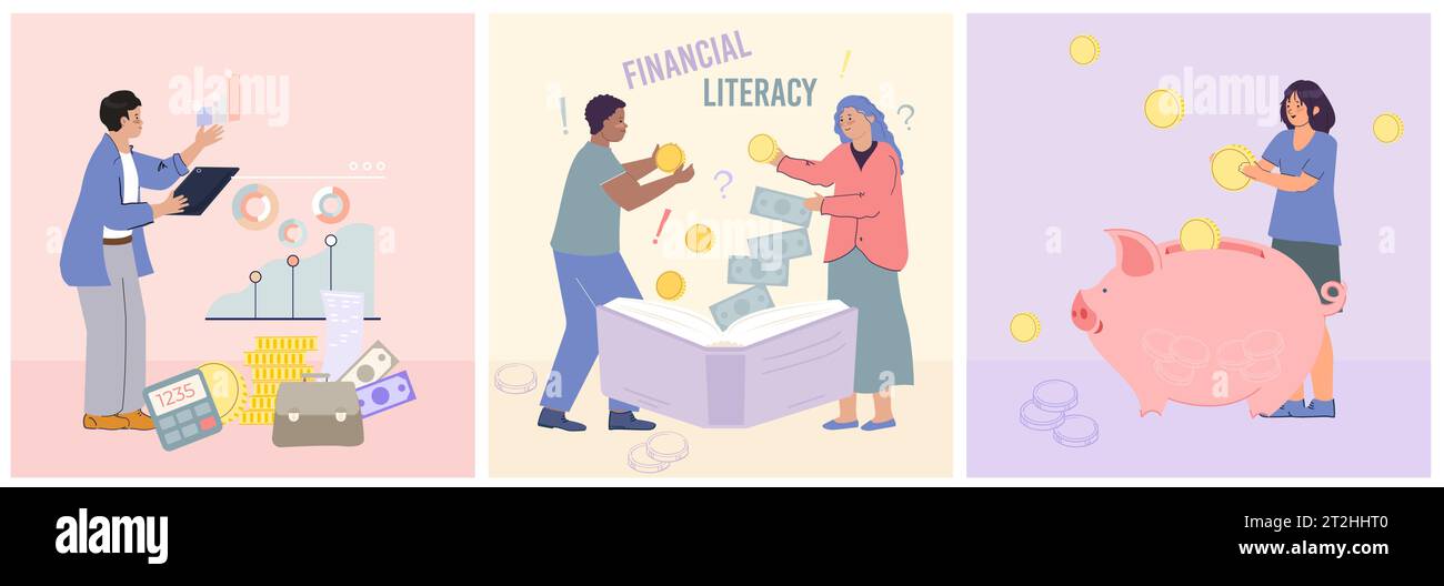 Männer und Frauen, die finanzielle Kompetenz fördern und Geld sparen, flache isolierte Vektor-Illustration Stock Vektor