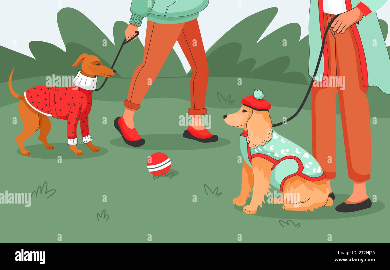 Hund Kleidung flacher Hintergrund mit zwei Besitzern gehen mit ihren Haustieren im Freien Vektor Illustration Stock Vektor