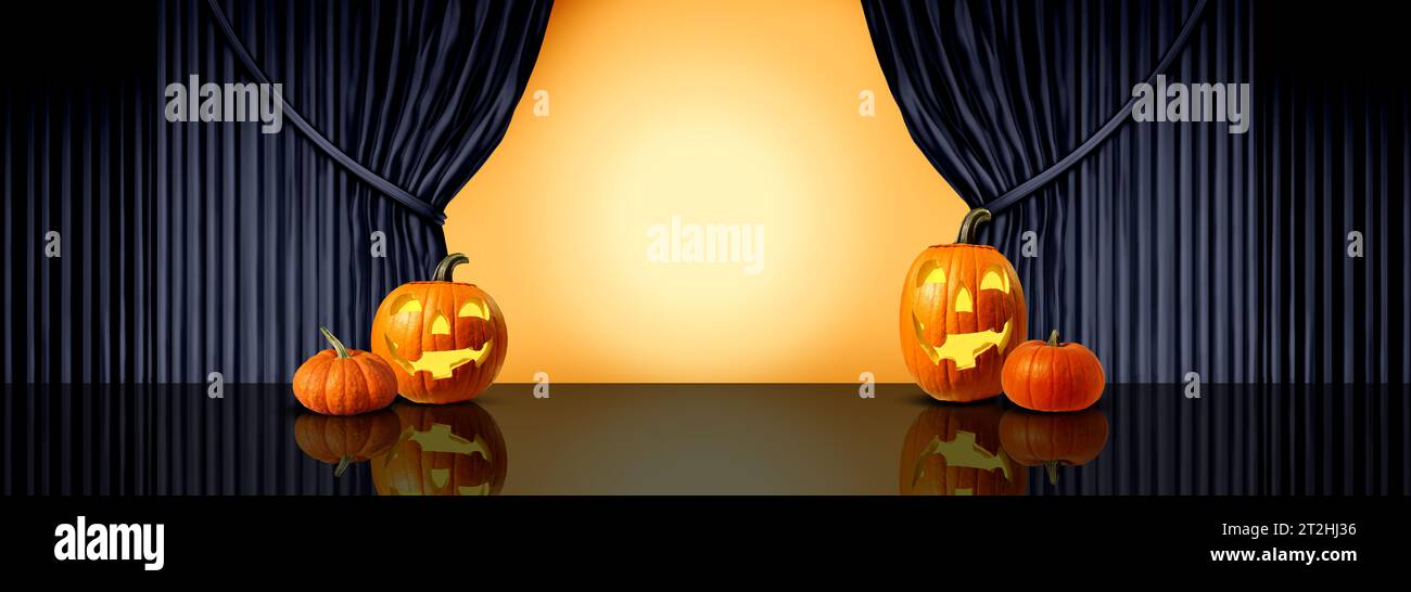 Halloween-Hintergrund für festliche Herbst- oder Herbstferien als Trick oder gönnen Sie sich die Feier als lila und orangen Vorhang mit leerem Platz Stockfoto