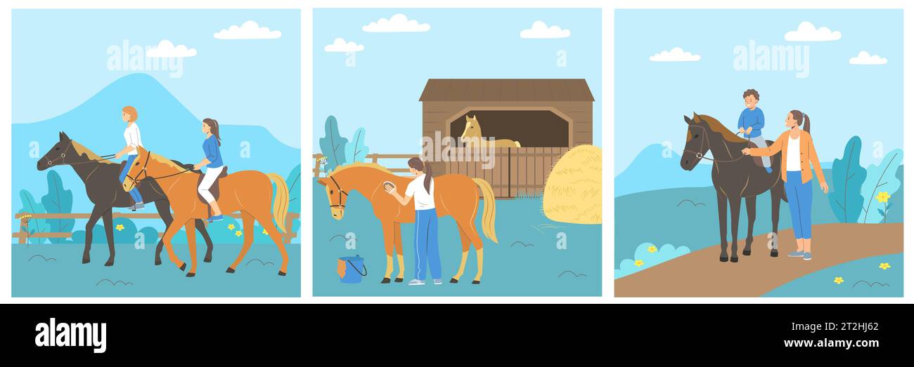 Menschen, die sich um Pferde in Stall und Reiten auf dem Land kümmern, flach Set isolierte Vektor-Illustration Stock Vektor