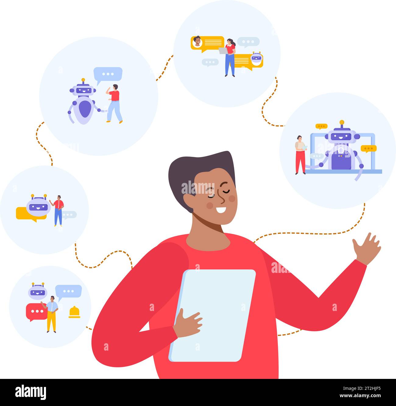 Mann, der Chatbot-Dienste verwendet, Fragen stellt und Antworten erhält flache Kompositionsvektorillustration Stock Vektor