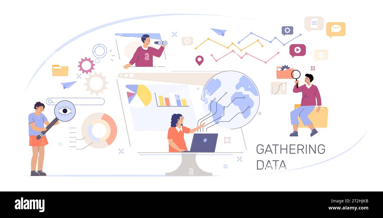 Erfassung der flachen Zusammensetzung von Daten mit Team von Geschäftspartnern Statistiken Diagramme und Diagramme der Vektorillustration des Unternehmens Stock Vektor