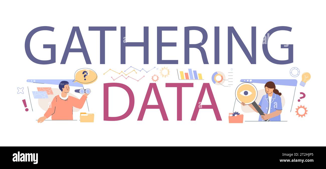 Erfassen von Daten mit flachem Text mit großen Buchstaben und kleinen menschlichen Zeichen Sammeln und Analysieren von Vektorillustrationen für Geschäftsinformationen Stock Vektor