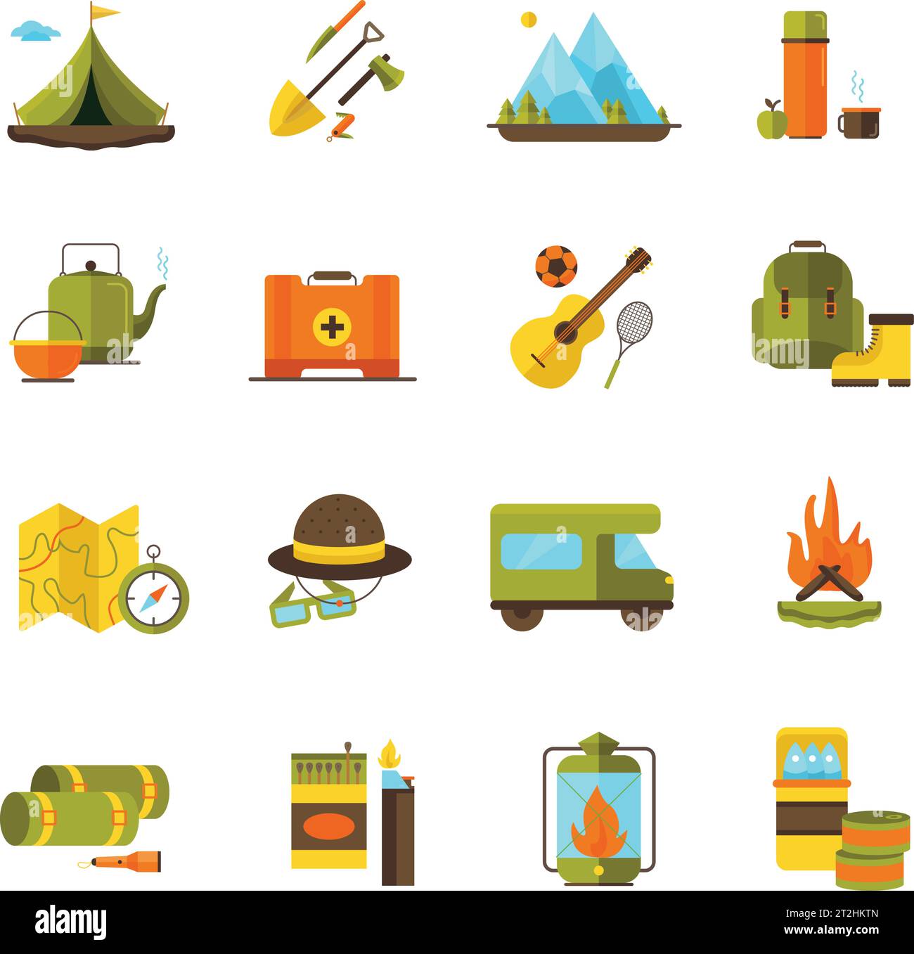 Camping und Wandern Abenteuer flache Symbole mit Camper Gitarre und Lagerfeuer Piktogramme abstrakt isoliert Vektor-Illustration gesetzt Stock Vektor