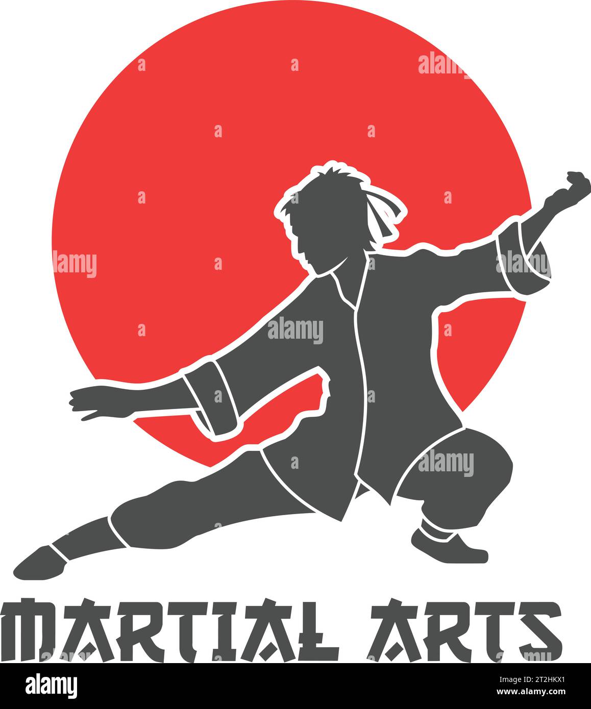 Martial Arts-Logo im japanischen Design mit Sonne und Kimono-Vektor-Illustration Stock Vektor