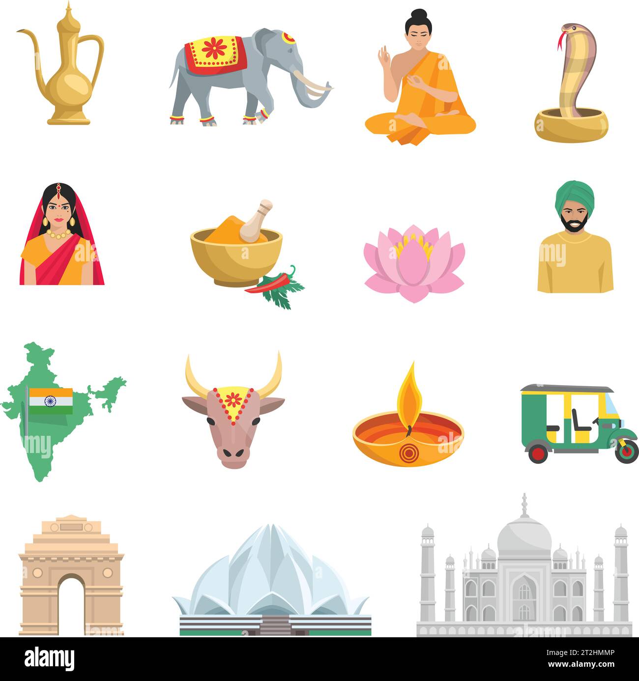 Indien flache Symbole mit Symbolen der Kultur und Religion isoliert Vektor-Illustration gesetzt Stock Vektor