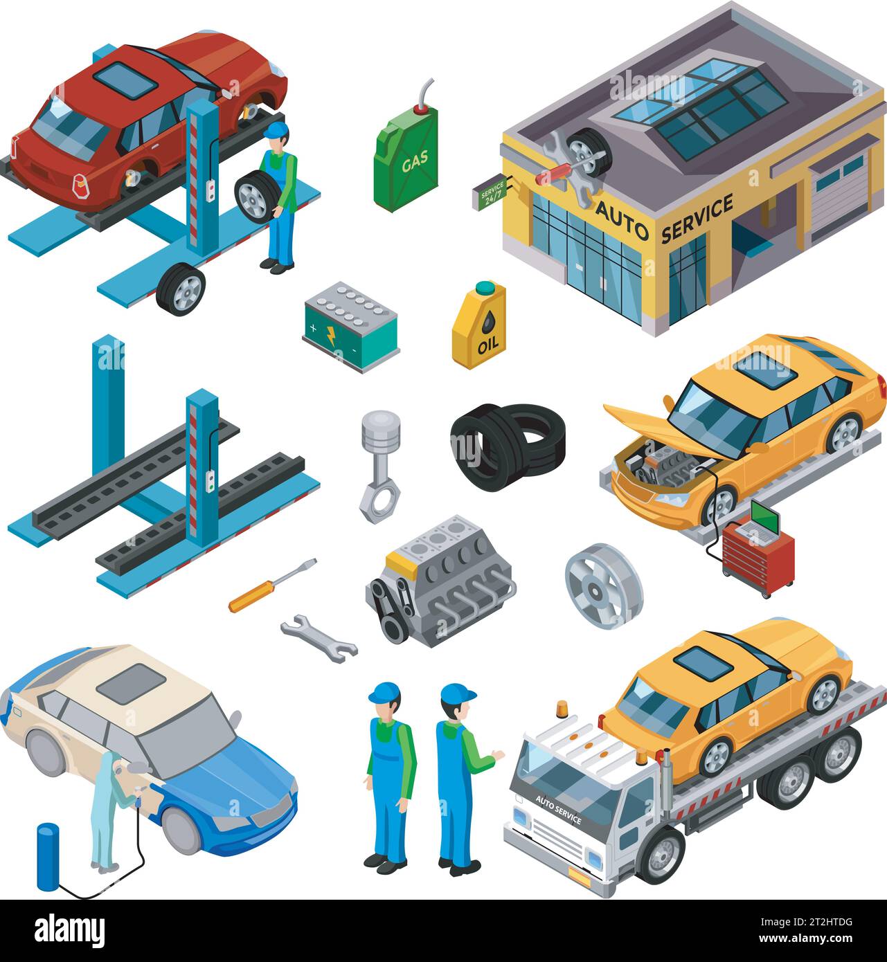 Car Service isometrische dekorative Symbole Set mit Werkstatt Abschleppwagen Wagenheber Mechaniker Werkzeuge für die Reparatur und arbeiten Mitarbeiter Vektor Illustration Stock Vektor