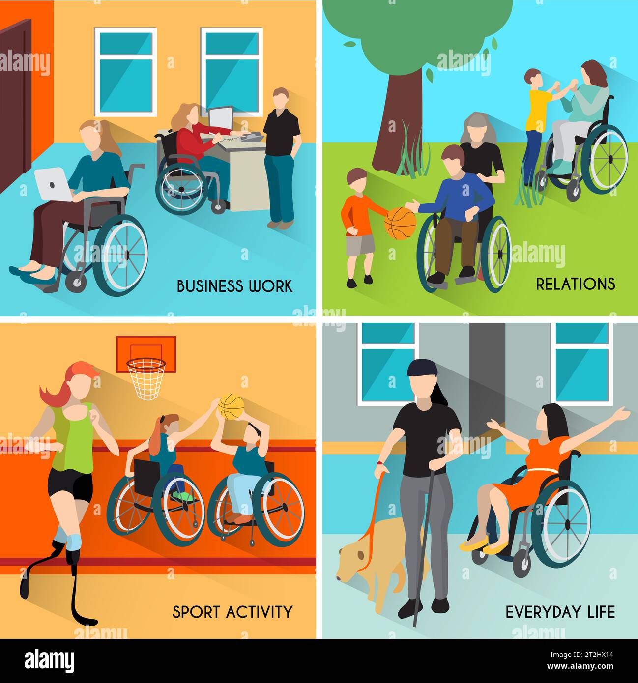 Behindertensymbole mit Rollstuhl- und Sportsymbolen flach Isolierte Vektordarstellung Stock Vektor