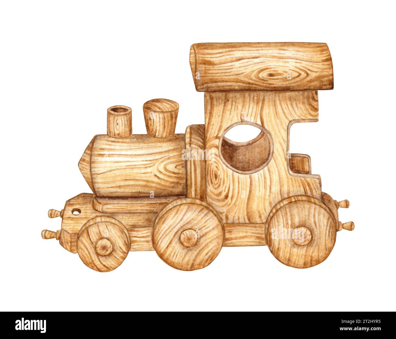 Kinderspielzeug, Holzzug. Aquarellabbildung von Kleinkindtransporten auf isoliertem Hintergrund. Zeichnung einer Spielzeuglokomotive für Kinder Stockfoto