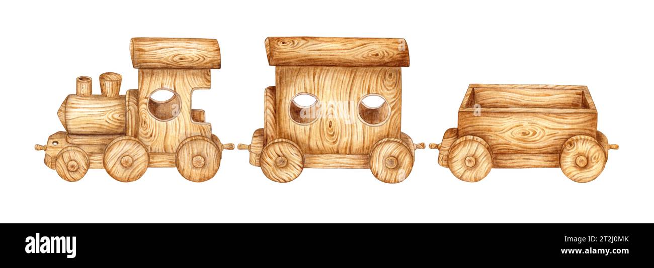 Kinderspielzeug, Holzzug und zwei Anhänger. Aquarellabbildung von Kleinkindtransporten auf isoliertem Hintergrund. Zeichnung einer Spielzeugschale Stockfoto