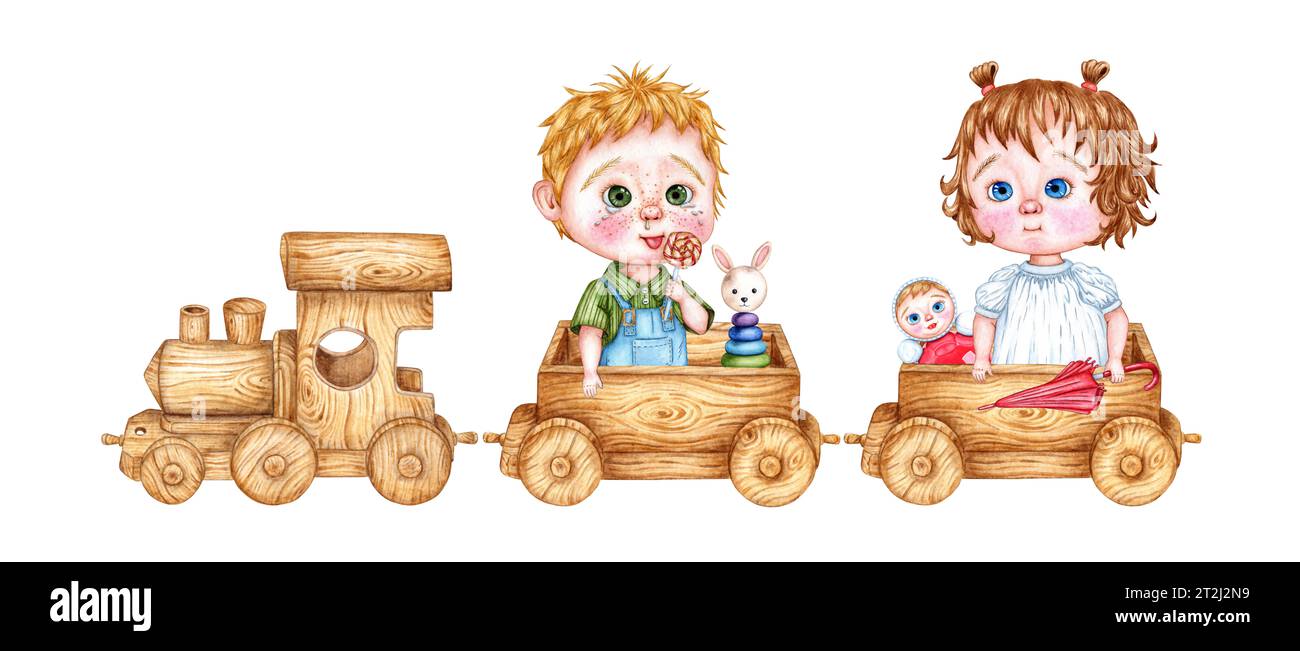 Kinderspielzeug, Holzzug und zwei Wagen. Aquarelldarstellung von Kindern, die in einer Dampflokomotive auf isoliertem Hintergrund fahren. Zeichnung eines t Stockfoto
