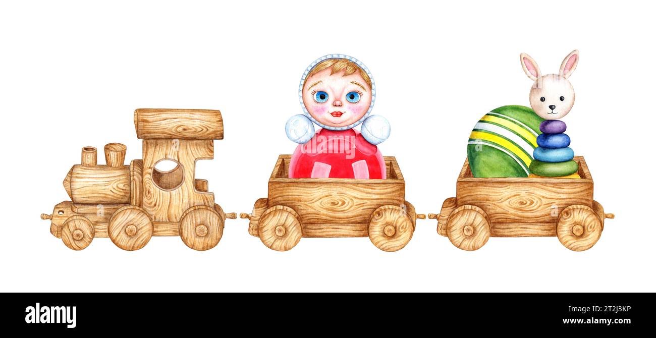 Kinderspielzeug, Holzzug und zwei Wagen. Aquarellabbildung von Spielzeug, das in einer Dampflokomotive auf isoliertem Hintergrund reitet. Zeichnung eines Spielzeugs t Stockfoto