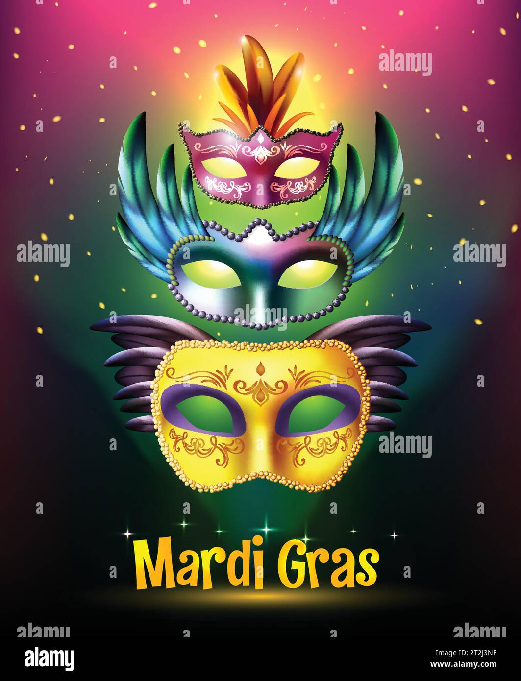 Maskerade Hintergrund Poster mit realistischen Satz von glänzenden Karnevalsmasken mit Flügeln stellaren Hintergrund und Titelvektor Illustration Stock Vektor