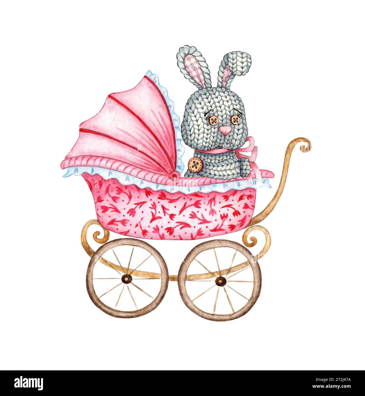 Aquarellillustration Baby rosa Kinderwagen mit grauem Kaninchenspielzeug, neugeborenes Auto, Kinderwagenzeichnung mit Blumen. Bilder für Stofftextilien Babykleidung, Wallpap Stockfoto