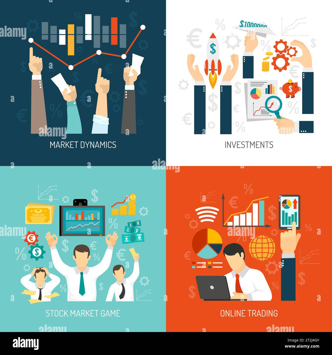 Aktienmarktkonzept mit Diagrammen Analyse der Preisdynamik Investitionen Online-Handel isolierte Vektor-Illustration Stock Vektor