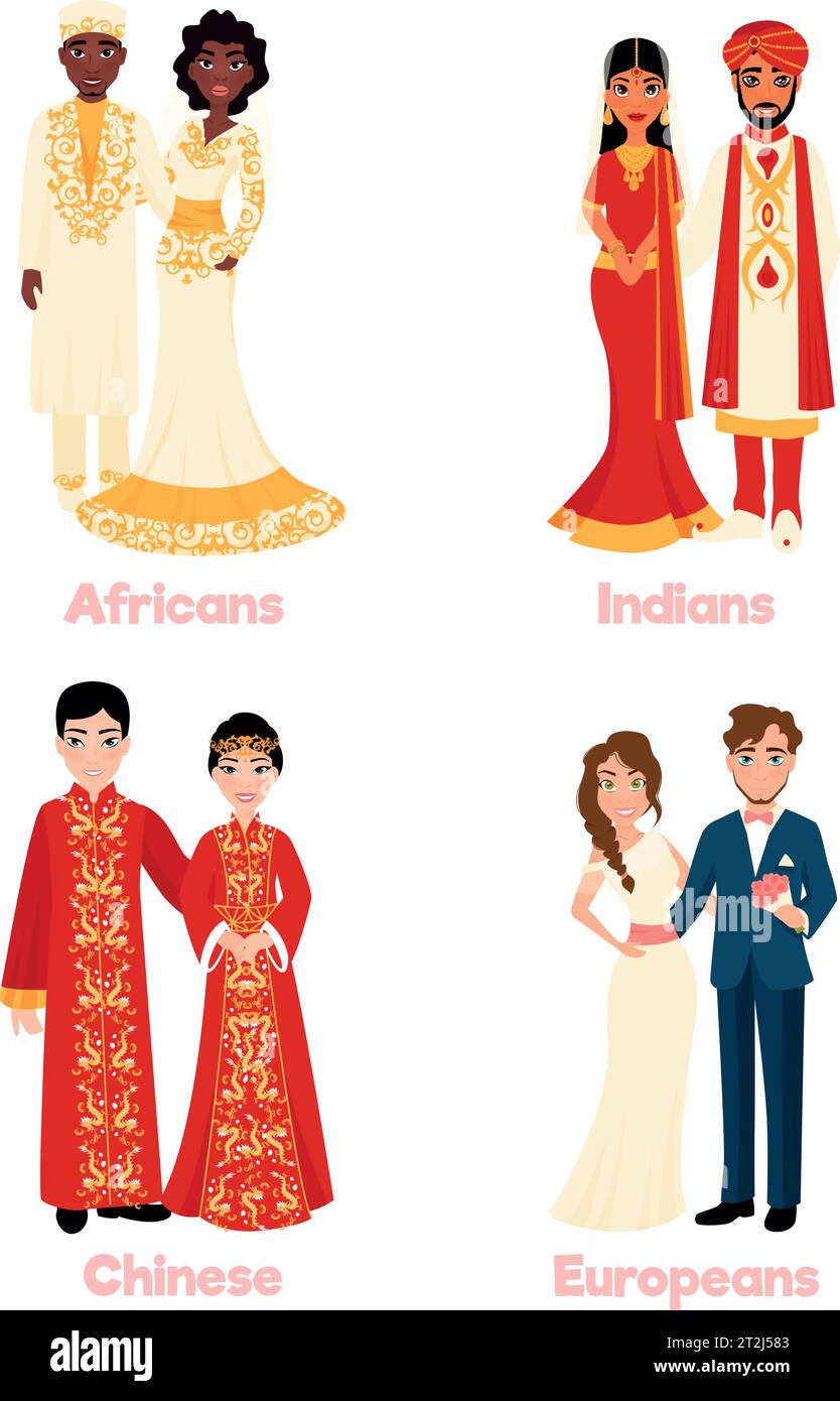 Multikulturelle Hochzeitspaare in Nationalkleidung auf weißem Hintergrund flach isoliert Vektor-Illustration Stock Vektor
