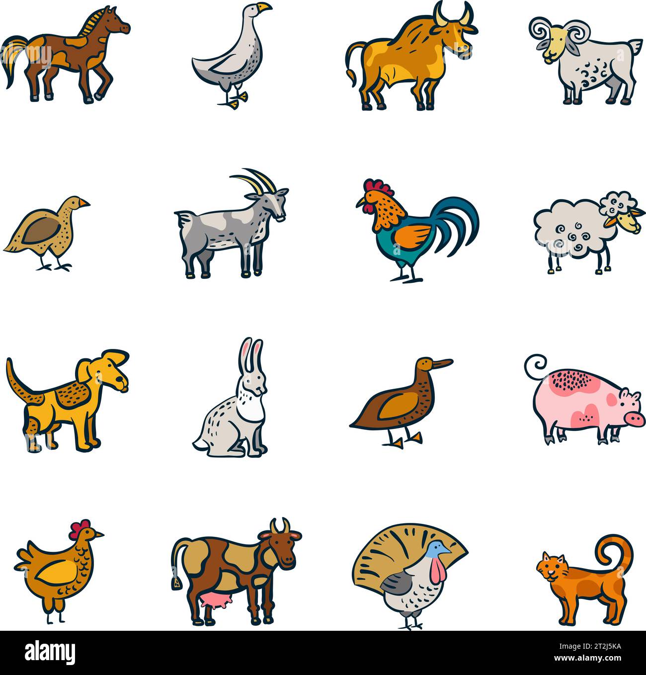 Bunte Linie Nutztiere und Vögel Doodle auf weißem Hintergrund Vektorgrafik isoliert gesetzt Stock Vektor