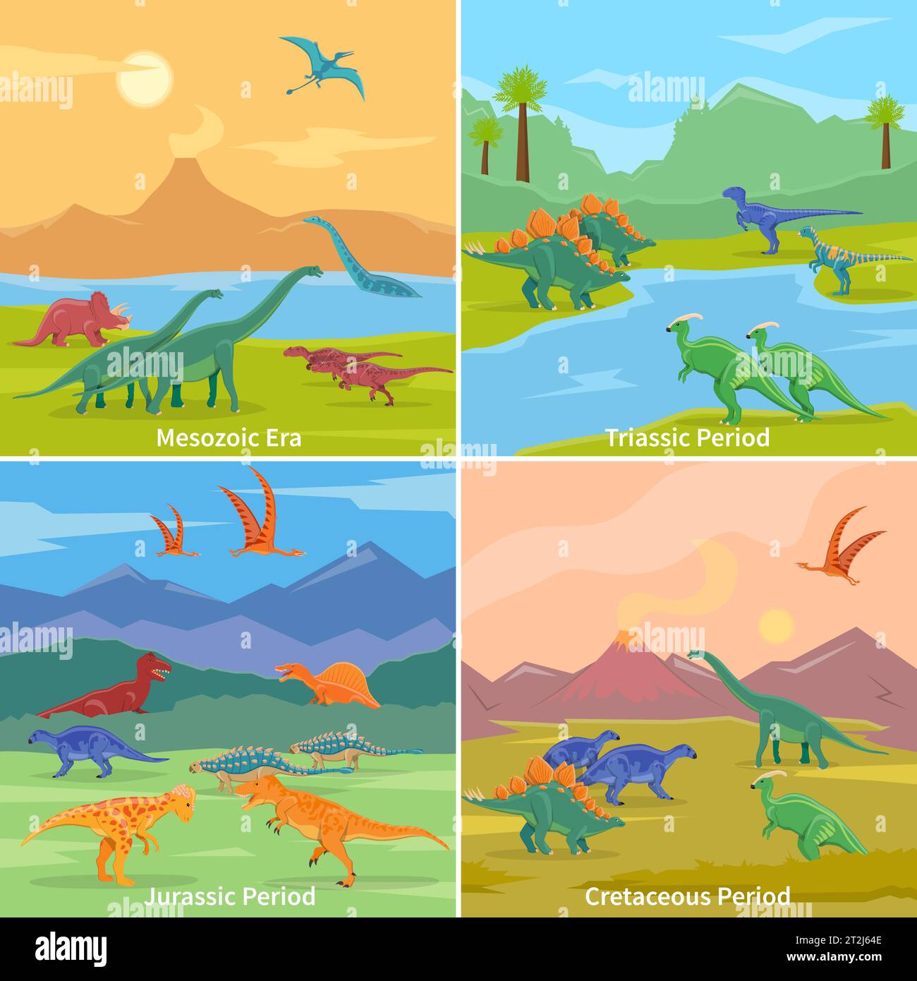 Dinosaurs 2x2 Design-Konzept Satz von Cartoon-Kompositionen der jurassic triassic kreidezeit und mesozoic Perioden flache Vektor-Illustration Stock Vektor