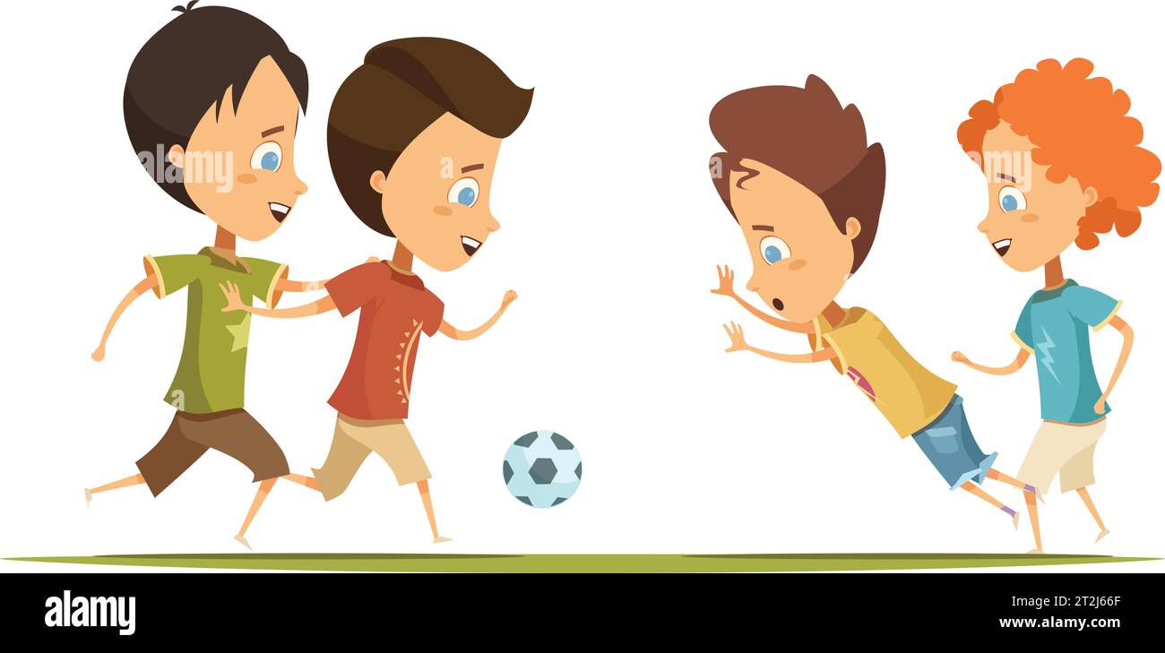 Jungen in farbenfroher Kleidung mit Emotionen auf Gesichtern, die Fußball auf einem grünen Feld spielen, Vektorgrafik im Cartoon-Stil Stock Vektor
