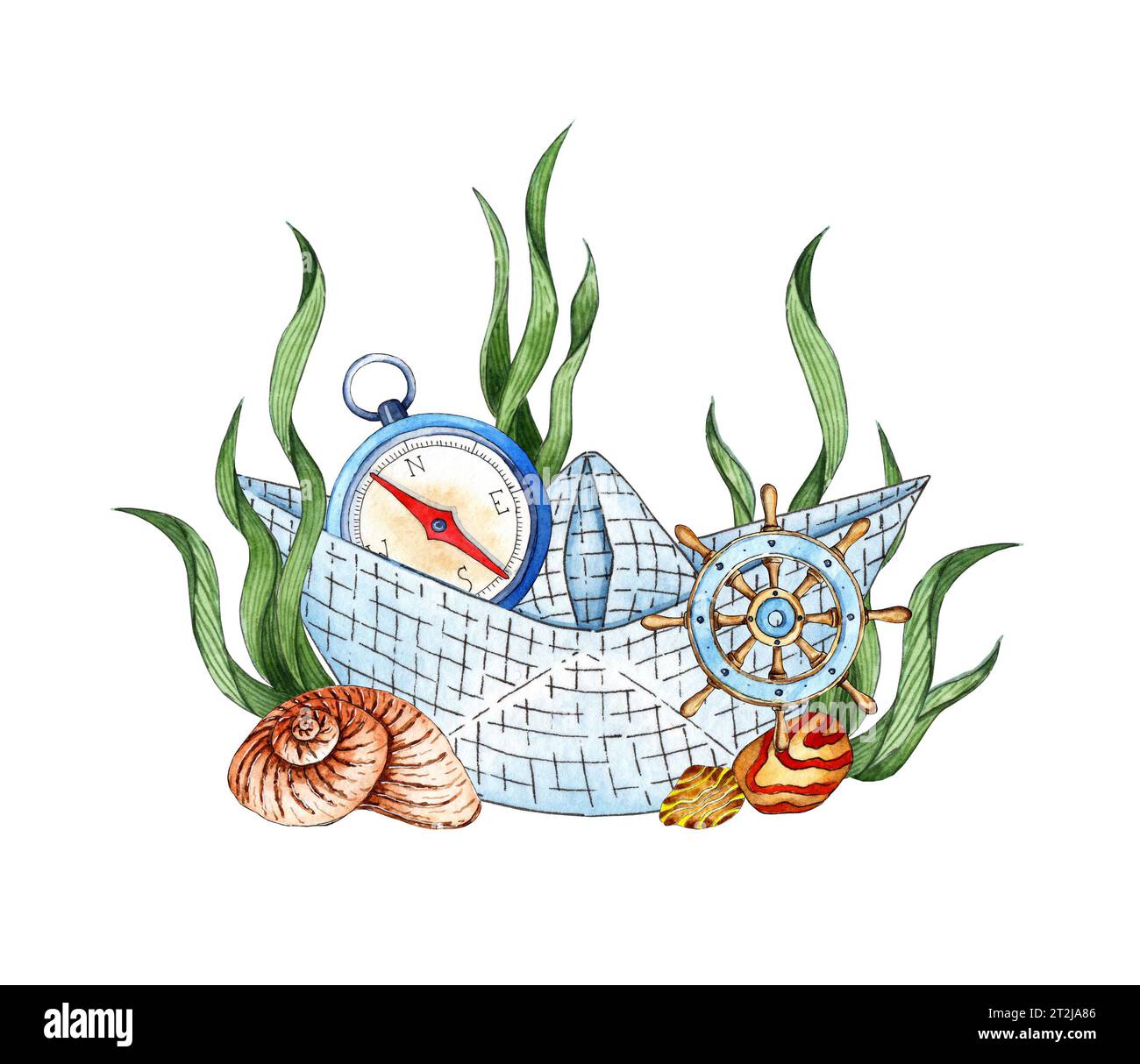 Aquarellillustration von Papierboot, Ruder, Kompass, Muschel, Korallen, Felsen und Algen. Cliparts für Poster, Postkarten, Banner, Flyer, Cover, Stockfoto