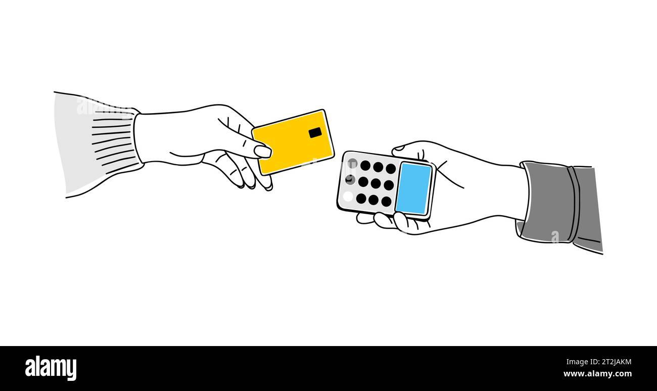 Kontaktlose Zahlung. Hände mit Karte und Terminal. Stock Vektor