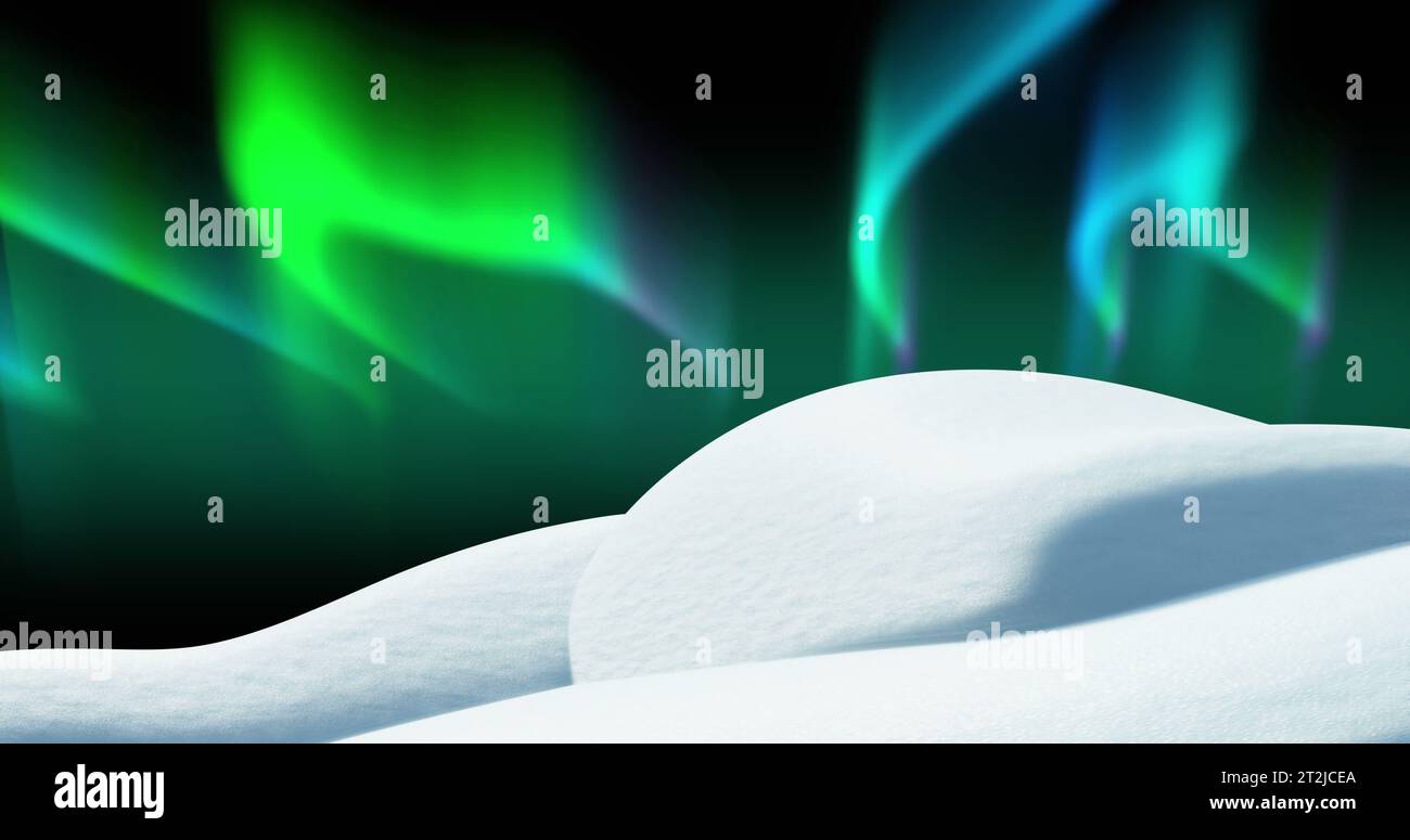 Aurora borealis Nordlichter und Schnee auf grünem Hintergrund Stockfoto