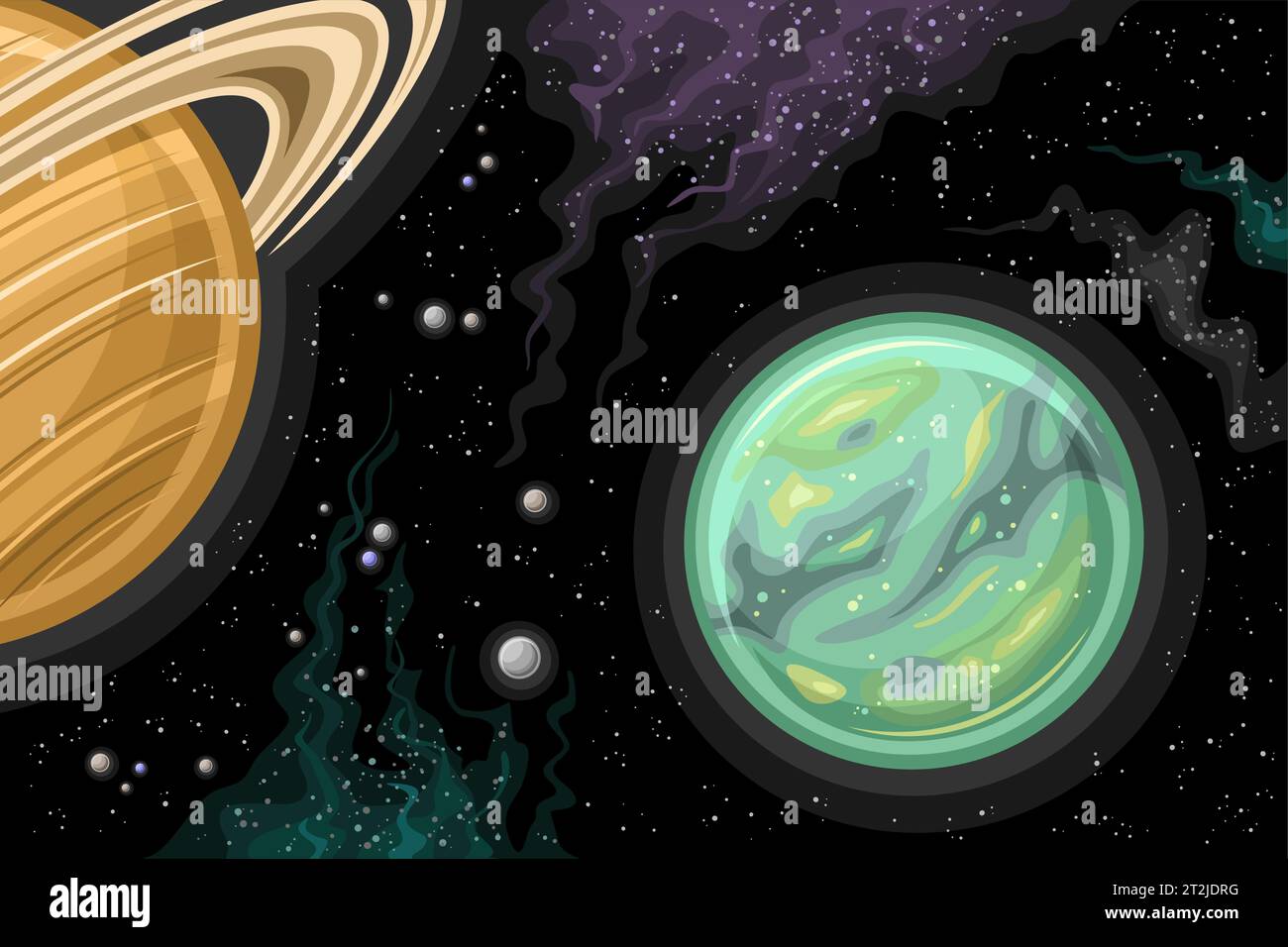 Vector Fantasy Space Chart, astronomisches horizontales Poster mit Zeichentrickdesign, das Titan Mond und andere Satelliten des Saturns im tiefen Raum umkreisen, Dekor Stock Vektor