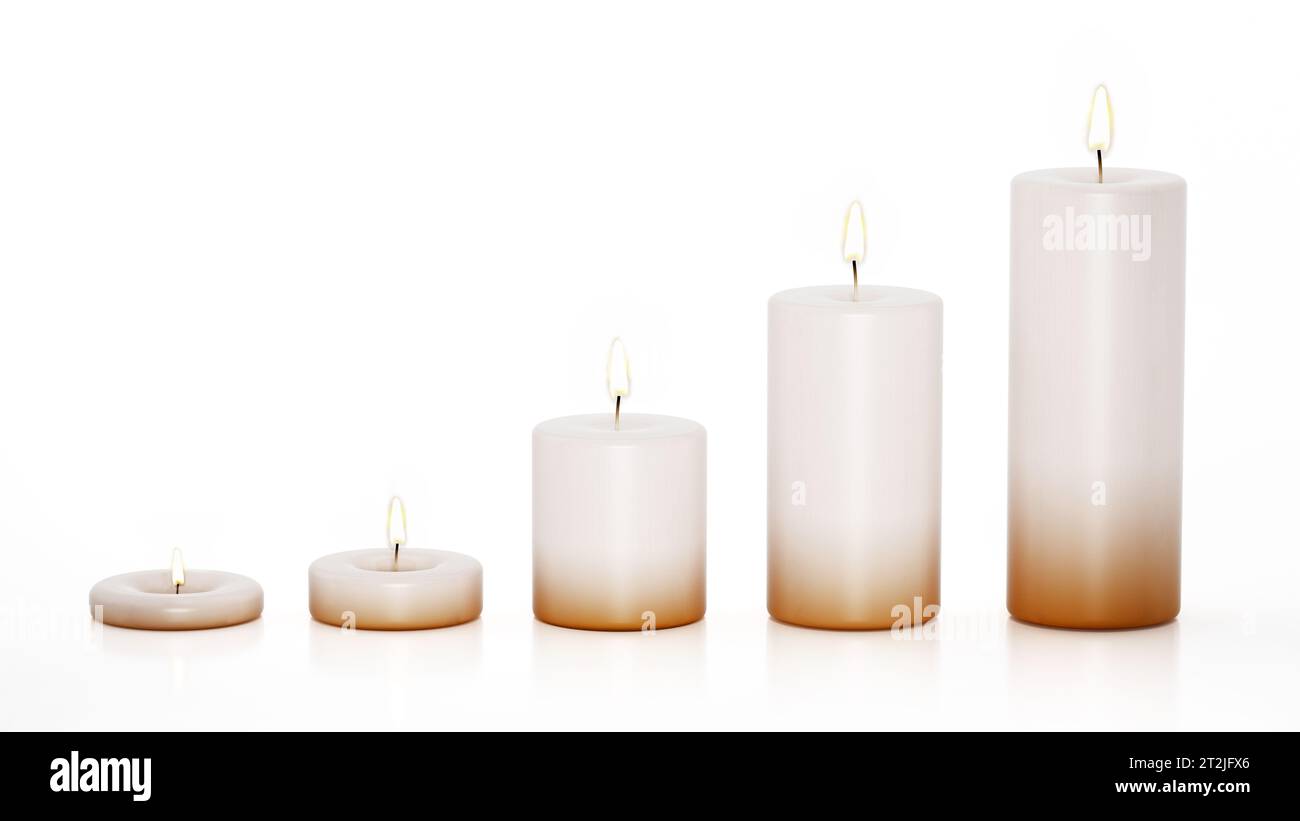 Beleuchtete Kerzen in verschiedenen Größen, isoliert auf weißem Hintergrund. 3D-Abbildung. Stockfoto