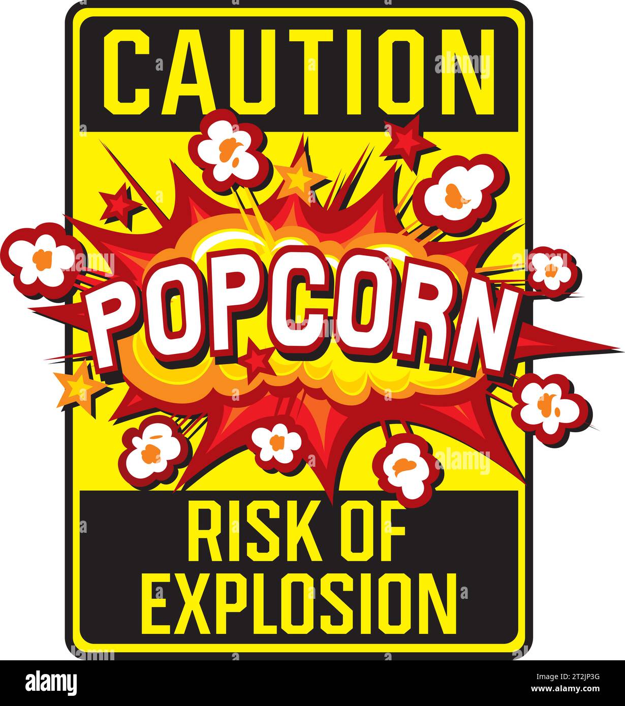 Etikett für Explosionsgefahr von Popcorn. Warnschild oder Symbol. Vektorabbildung. Stock Vektor