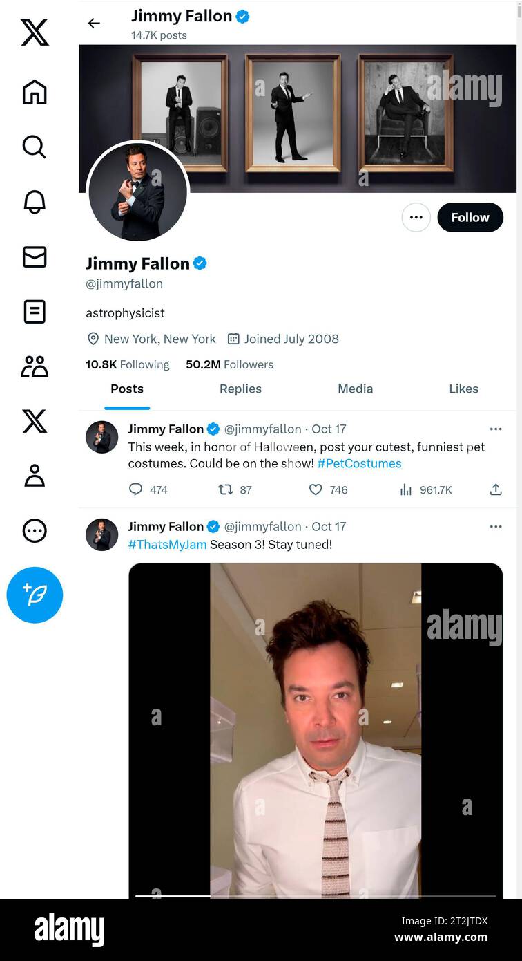 'X' - früher Twitter - Seite (Oktober 2023) von Jimmy Fallon (Komiker, Schauspieler, TV-Moderator) Stockfoto